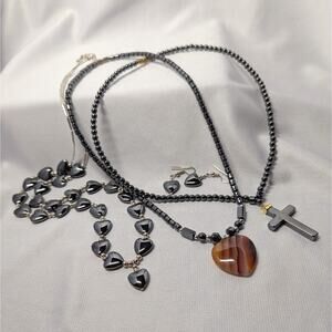 Hematite Necklaces Heart Cross Pendant Heart Earrings Quartz Set Of 4 Items